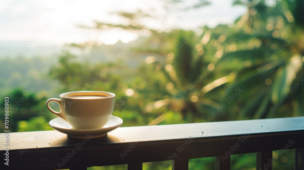 morning coffee in the morning, tropical forest on the background morning coffee in the morning, tropical forest on the background