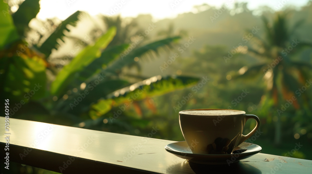 morning coffee in the morning, tropical forest on the background 