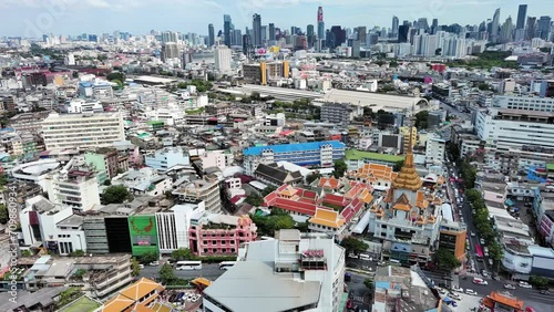 Bangkok, Thailand: Aerial view of Wat Traimit Withayaram Worawihan (Temple of the Golden Buddha), famous Buddhist temple in Thai capital city - landscape panorama of Southeast Asia from above
 photo