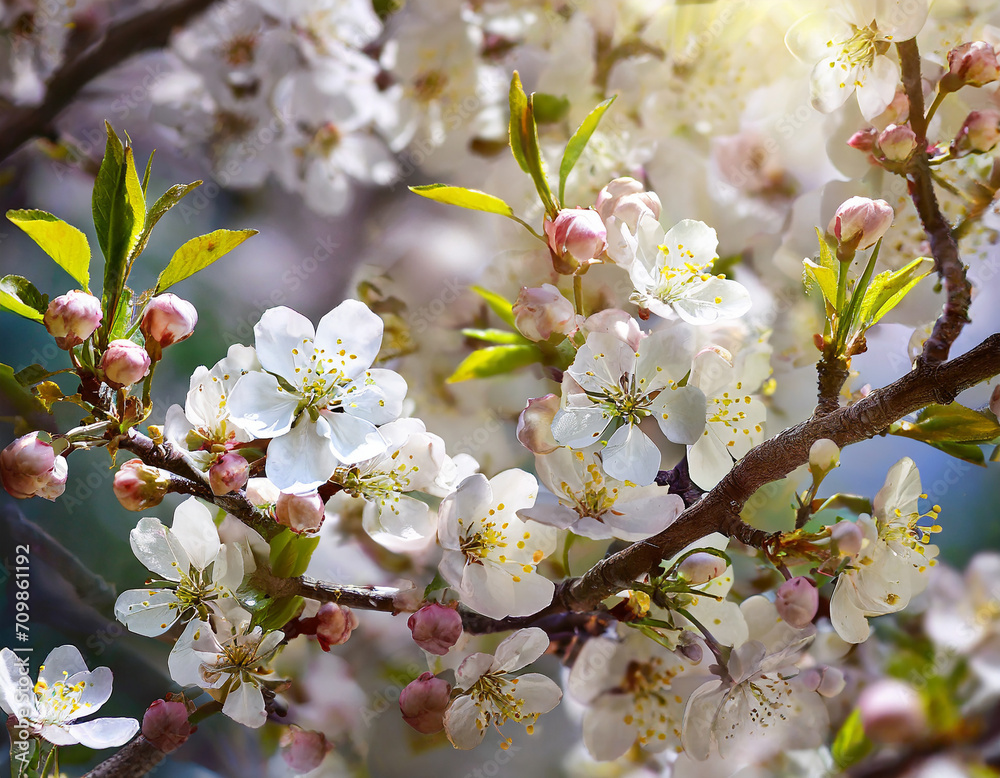 Fototapeta premium floral background_ blooming spring cherry branch, apricot and apple tree