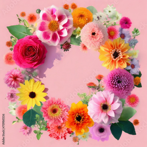 floral frame made of pink flowers on white wood background