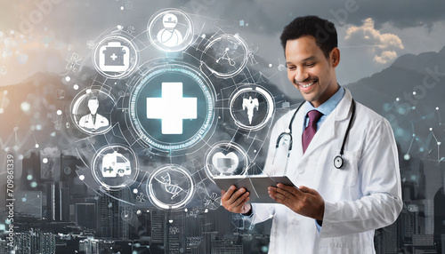 Health Insurance, telemedicine, virtual hospital, family medicine concept. Doctor using digital tablet with health care icons, medical technology background, health insurance