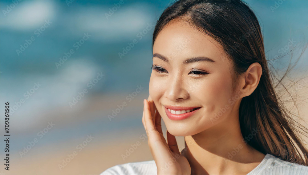 High-quality photo of skincare and cosmetics concept. Woman with beautiful face touching healthy facial skin portrait. Beautiful happy Asian girl model with natural makeup enjoys glowing hydrated skin High-quality photo of skincare and cosmetics concept. Woman with beautiful face touching healthy facial skin portrait. Beautiful happy Asian girl model with natural makeup enjoys glowing hydrated skin