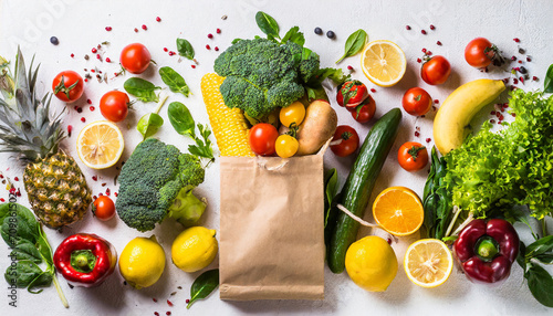 Healthy food background. Healthy food in paper bag vegetables and fruits on white. Food delivery  shopping food supermarket concept