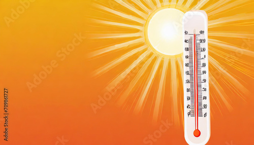 Hot summer or heat wave background, glowing sun on orange sky with thermometer in upper left corner space