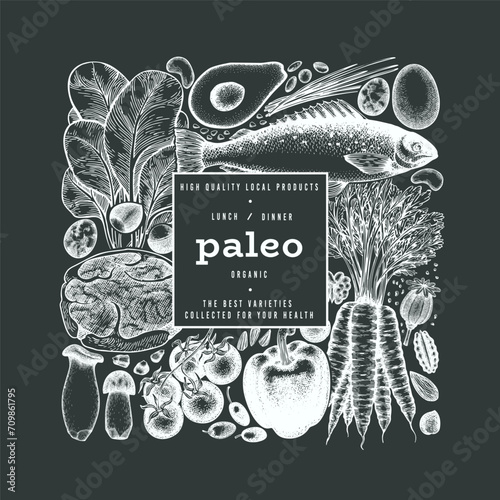 Paleo Diet Chalk Board Design Template. Vector Hand Drawn Healthy Food Banner. Vintage Style Menu Illustration.