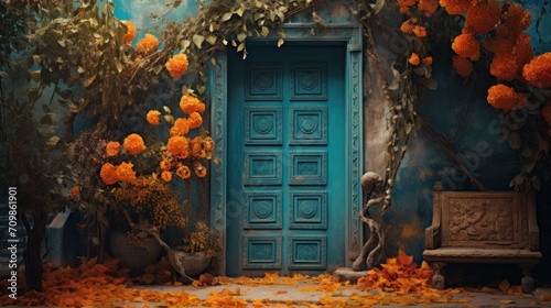 A blue door is surrounded by orange flowers © Maria Starus