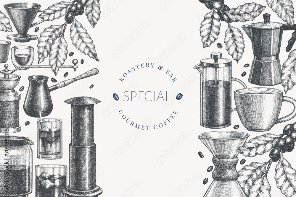 Alternative Coffee Makers Illustration. Vector Hand Drawn Specialty