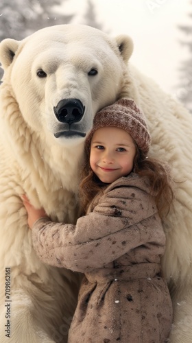 A little girl hugging a polar bear in the snow © Maria Starus