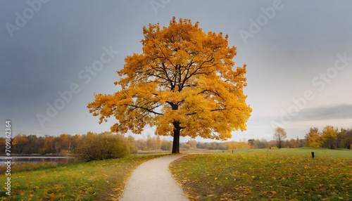 Minimalist autumn yellow tree with a path in the park