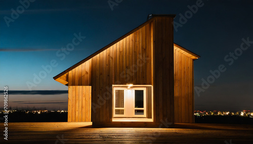 Minimalist composition of a wooden house in a night city © richard