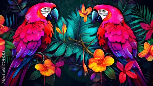 Background, wallpaper, cover with tropical plants, flowers and birds in neon © Ziyan Yang