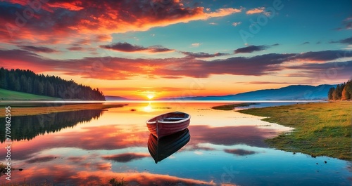 A serene lake reflecting the vibrant colors of a sunset, with a lone boat drift in the mirrored world - Generative AI