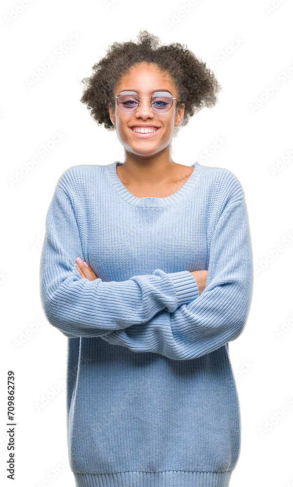 Young afro american woman wearing glasses over isolated background happy face smiling with crossed arms looking at the camera. Positive person.