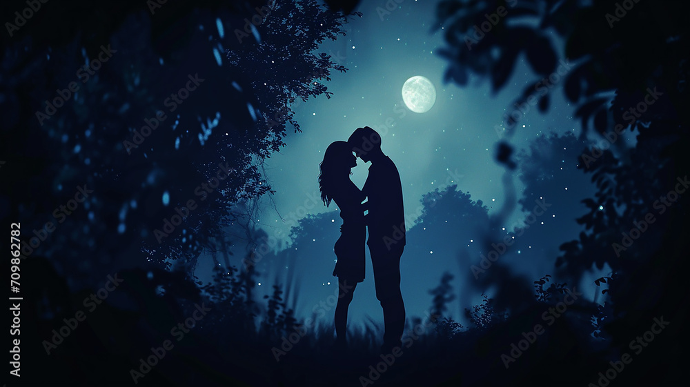 Couple Romance Night Blue light Big moon Valentines day background 