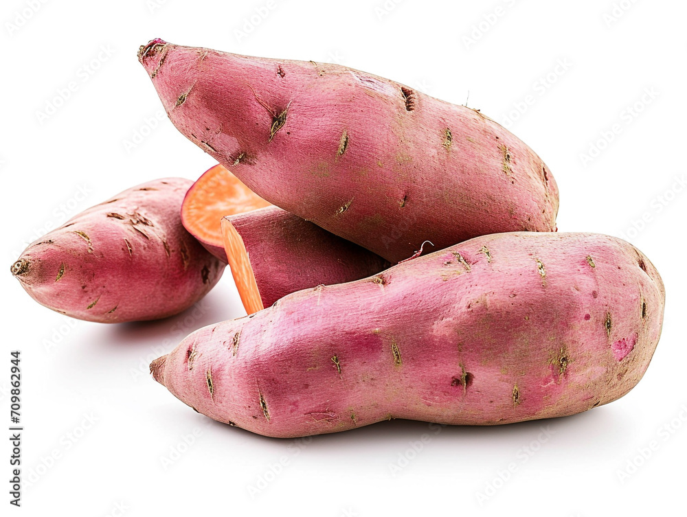 Fresh sweet potatoes isolated on a white background. Minimalist style. Fresh sweet potatoes isolated on a white background. Minimalist style.
