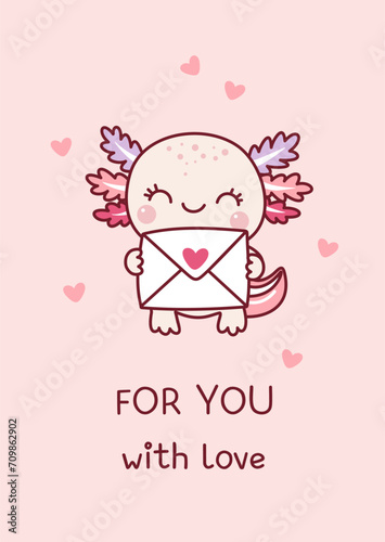 The cute axolotl holds Valentine card. Valentine's day. Kawaii style. Doodle. Pink background. 
