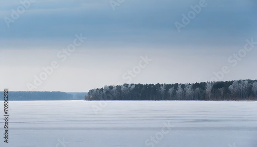 Minimalist scenery with frozen lake and forest on the horizon