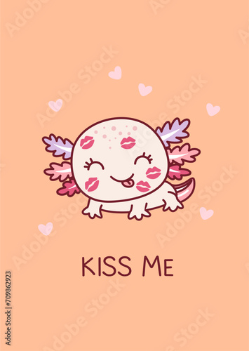 Valentine. Cute axolotl with kiss marks on its face. Valentine's day. Kawaii style. Doodle.

