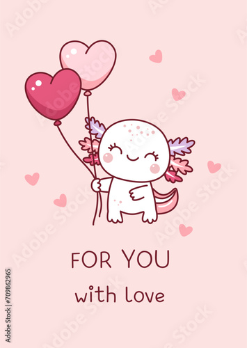 Valentine. The cute axolotl holds heart balloons. Kawaii style. Doodle. Valentine's day card.
