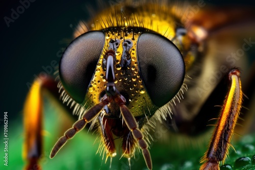 Macro Photography of a Hoverfly's Face with Water Droplets © Andrii