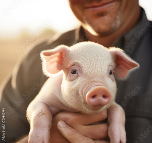 photo of happy Farmer holding piglet in field, closeup.