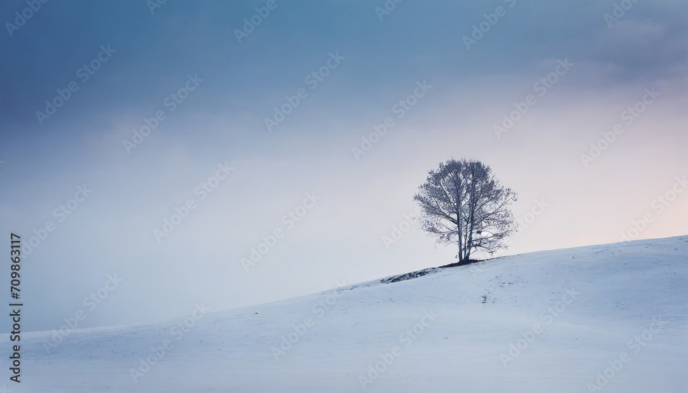 Minimalist winter scenery with a lonely tree on a hill Minimalist winter scenery with a lonely tree on a hill