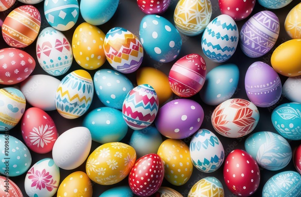 Pattern with multi-colored eggs, top view. Concept Easter eggs, confectioner, search Pattern with multi-colored eggs, top view. Concept Easter eggs, confectioner, search