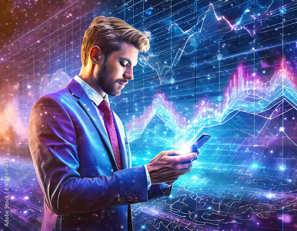 Mobile banking concept with man using smart phone to monitoring on economic investment graph conducting financial transactions via mobile represents the use of technology to help business facilitate Mobile banking concept with man using smart phone to monitoring on economic investment graph conducting financial transactions via mobile represents the use of technology to help business facilitate