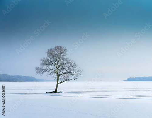 Minimalist winter scenery with a tree on a frozen lake