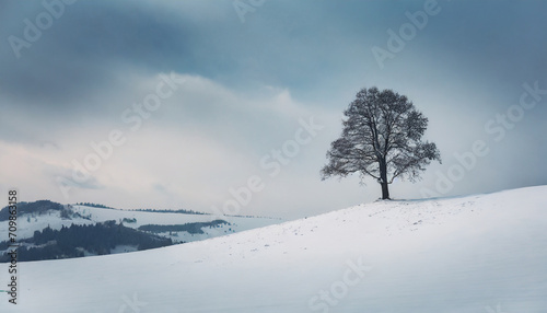 Minimalist winter scenery with a lonely tree on a hill © richard