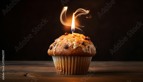 tasty fresh muffin with flaming candle on wand