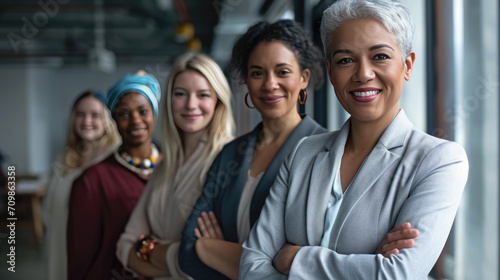 Group of diverse professional women confidently standing in a line, with the woman in the foreground crossing her arms, showcasing a strong and united front in a workplace setting.