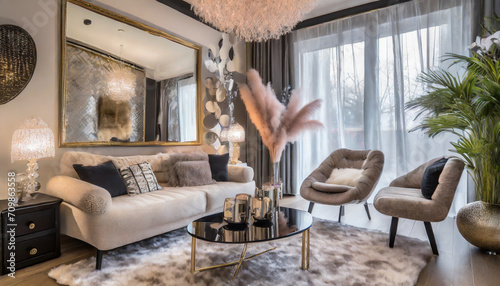 Modern glam living room retreat. Neutral palette, metallic accents. Plush furniture, glamorous decor. Feminine touches like faux fur throws and mirrored accessories add a touch of glam.