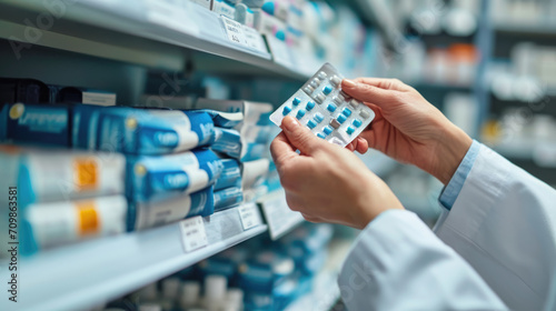 Hands of a pharmacist or healthcare professional holding a blister pack of capsules in front of a pharmacy shelf stocked with various medications