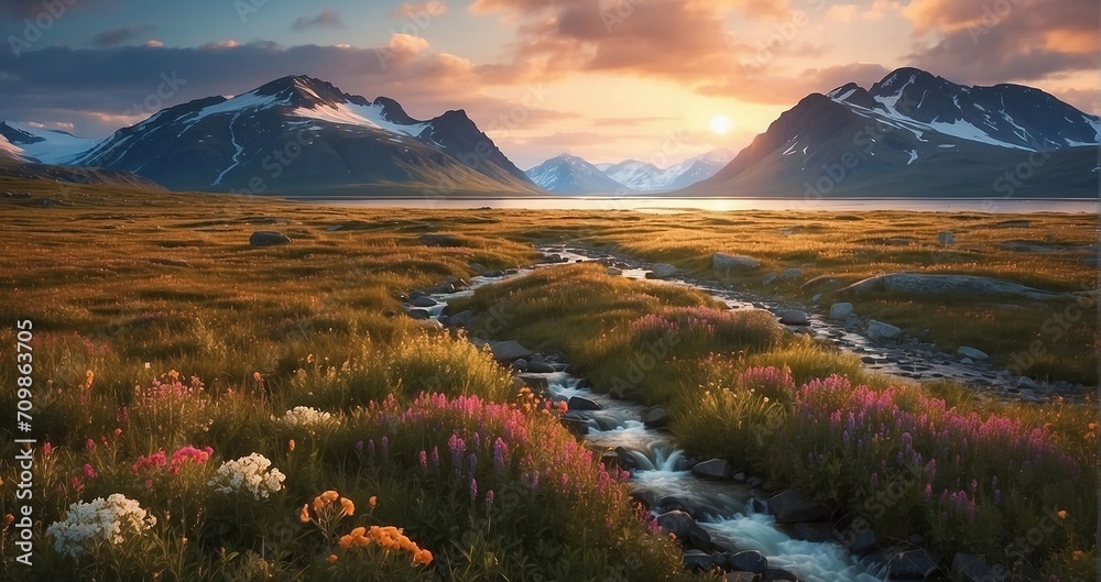 A scene of the Arctic tundra under the perpetual glow of the midnight sun, with snow-capped mountains and hardy vegetation - Generative AI - obrazy, fototapety, plakaty 