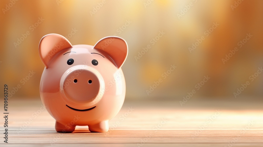 Little piggy on table, a close-up capturing the concept of wealth and money saving with blurred background, perfect for promotional content and text placement. Little piggy on table, a close-up capturing the concept of wealth and money saving with blurred background, perfect for promotional content and text placement.