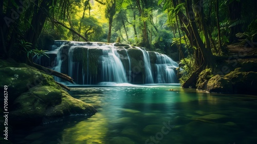 Beautiful waterfall in lush tropical green forest. Nature landscape. 