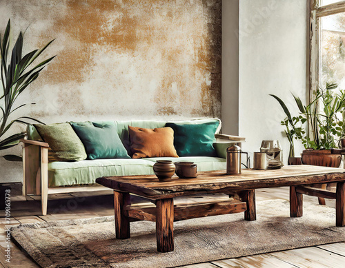 Modern farmhouse living room arrangement with comfortable seating and a distressed wooden table. The mockup wall introduces a dynamic element, allowing for personalized displays within the cozy and ru