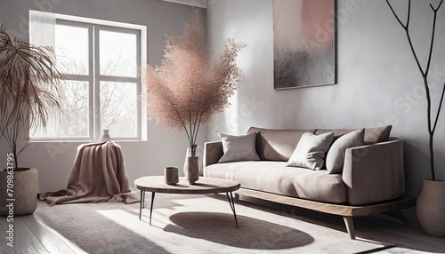 Modern Scandinavian living room. Neutral palette, clean lines. Minimalist furniture, Nordic decor. Subtle feminine touches like soft textiles and abstract art complement the modern Scandinavian aesthe
