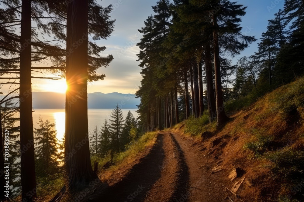Sunset Rays Piercing Through a Forest Path Overlooking a Lake Sunset Rays Piercing Through a Forest Path Overlooking a Lake