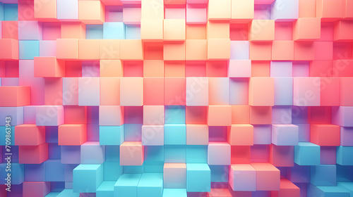 Abstract background of cube blocks wall stacking design neon pastel color,, Neon Pastel Cubes Forming an Abstract Wall" 