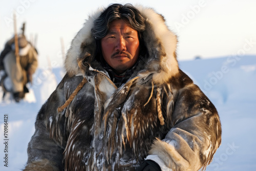 Inuit man in traditional fur clothing with sled in background