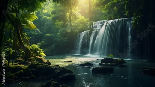 Beautiful waterfall in lush tropical green forest. Nature landscape. 