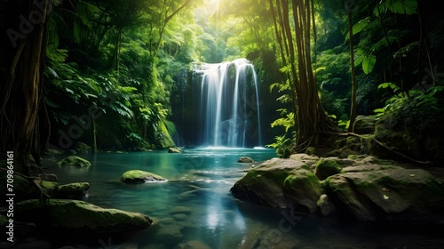 Beautiful waterfall in lush tropical green forest. Nature landscape.  © Ziyan Yang