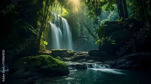 Beautiful waterfall in lush tropical green forest. Nature landscape.  © Ziyan Yang