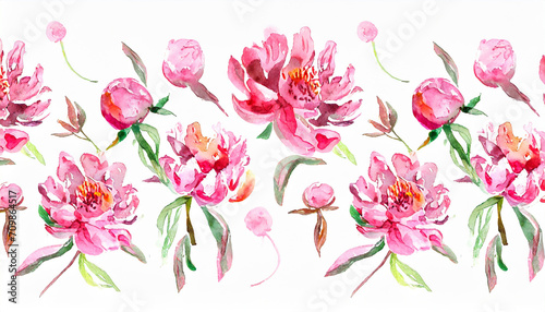 Playful peony pattern_ beautiful peonies_ many pink flowers_ watercolor drawing
