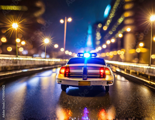 Police car in action with blinking light and siren signal at night in the city. Blurred bokeh background, public lighting lamps.