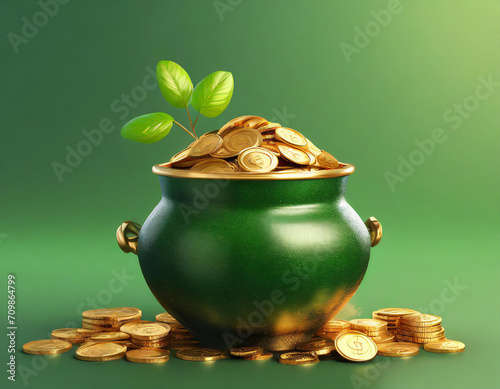Pot of gold on green background with copy space on the right. 3D illustration