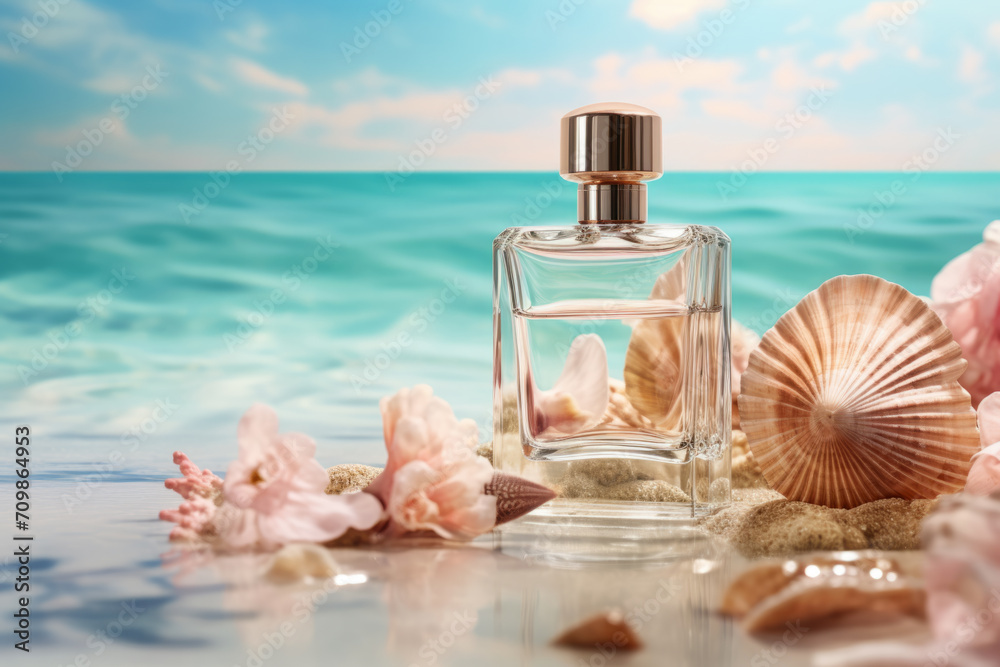 Marine-themed perfume bottle with sea shells on spray water background. Marine-themed perfume bottle with sea shells on spray water background.